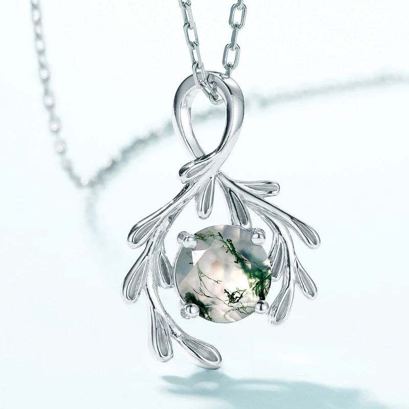 Pendentif Argent S925 Vert Mousse Bijou Élégant Femme Cadeau Design Naturel Unique Collier Charme Raffiné