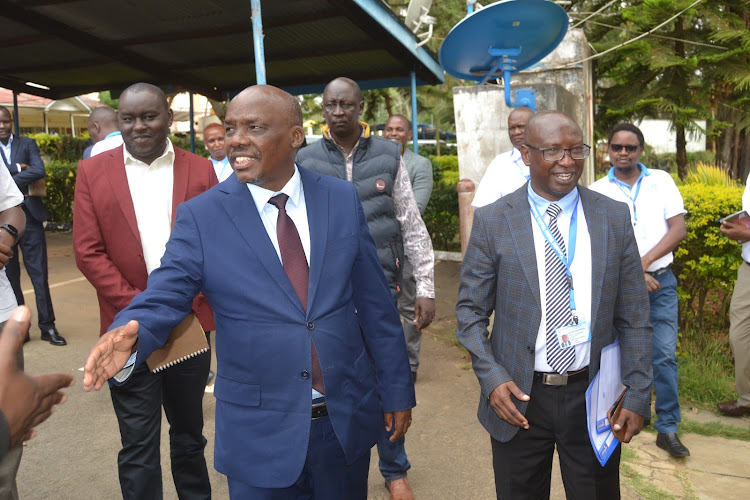 THe Water PS Paul Kipronoh Ronoh and the Tanathi Water Works Development Agency Eng. FredricK Mwamati when the former inspected water projects in Kitui on Friday last week.