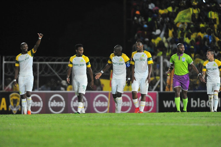 Mamelodi Sundowns celebrate 2nd goal during the Absa Premiership match between Black Leopards and Mamelodi Sundowns at Thohoyandou Stadium on April 30, 2019 in Thohoyandou, South Africa.