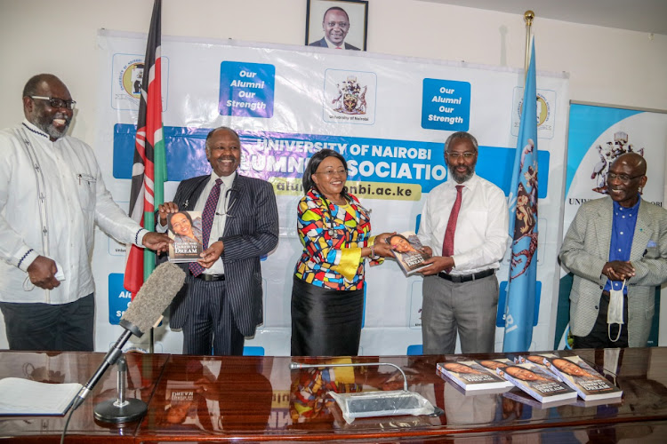 University of Nairobi VC Stephen Kiama and alumni Betty Gikonyo and Frank Njenga with UoN Alumni Association chairman Isaac Awuondo (left) at UoN Towers on July 4.