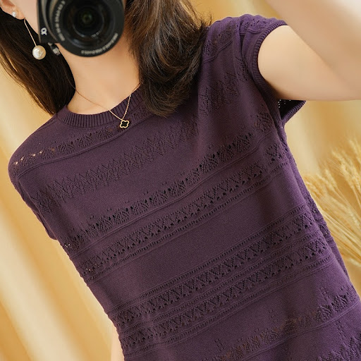 Title 2, Round Neck Thin Hollow Chain Link Flower Cotton...