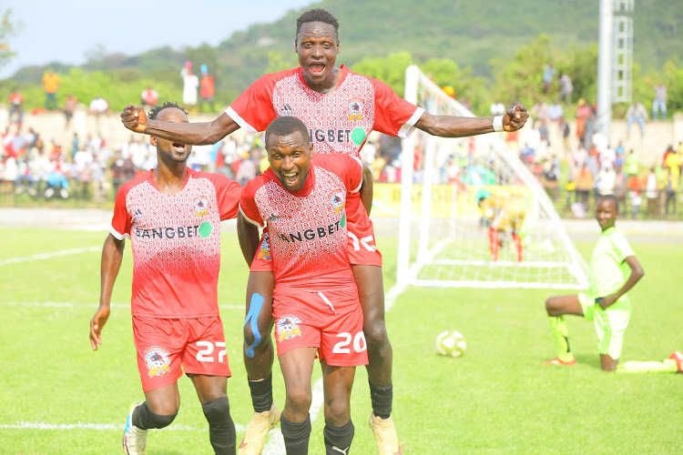 Shabana's Vincent Nyabuto celebrates with teammates after scoring against Nairobi City Stars last weekend