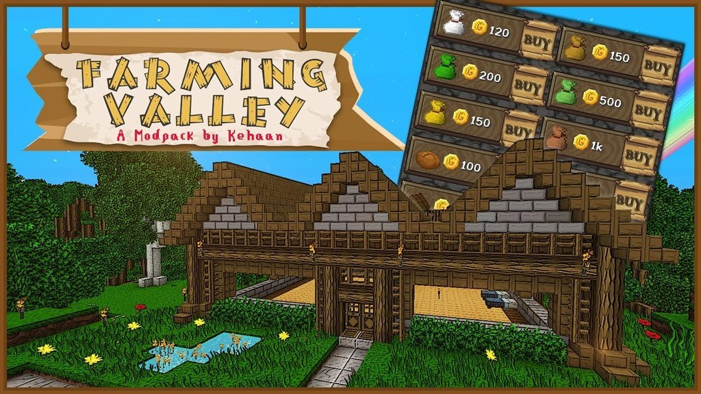 A poster for the modpack showing a house, as well as a shop GUI edited onto the poster