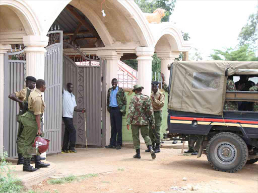 Police officers at Lion Simba hotel in Migori town after dispersing a crowd that tried to disperse an IEBC training, October 17, 2017. /MANUEL ODENY