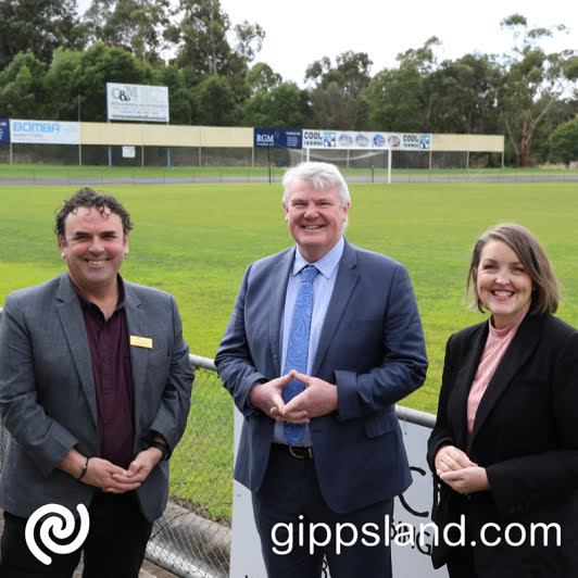 Latrobe City Deputy Mayor Cr Dan Clancey, Minister for Commonwealth Games Legacy Shaun Leane and Mayor Cr Kellie OCallaghan at the Gippsland Sports and Entertainment Park in Morwell