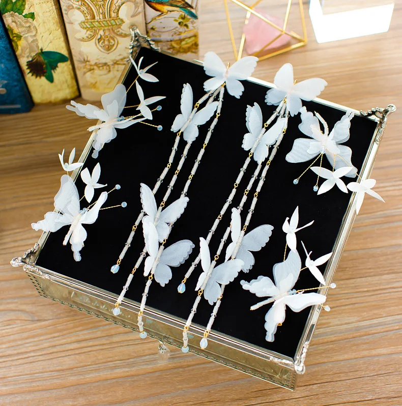 Koreanische Braut-Haarschmuck Sets mit langen Blumen, Schmetterlingen, Juan-Garn, Haarspangen, Ohrringen für Hochzeiten.