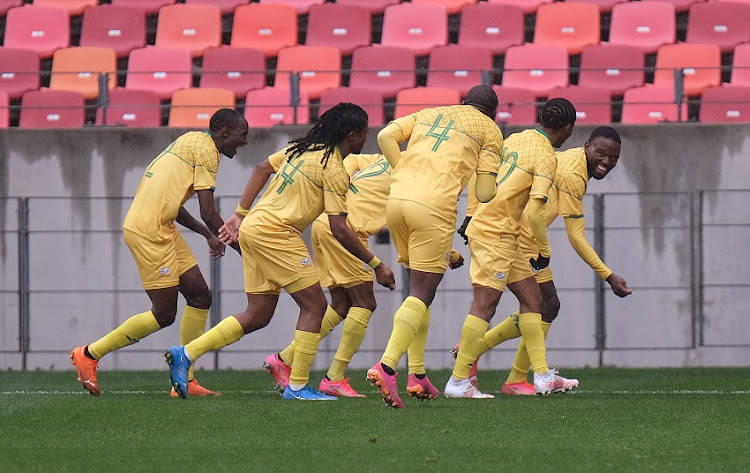 South Africa celebrate scoring a goal during the COSAFA Cup South Africa 2021 match between South Africa and Lesotho at Nelson Mandela Stadium on July 13, 2021 in Gqeberha, South Africa.