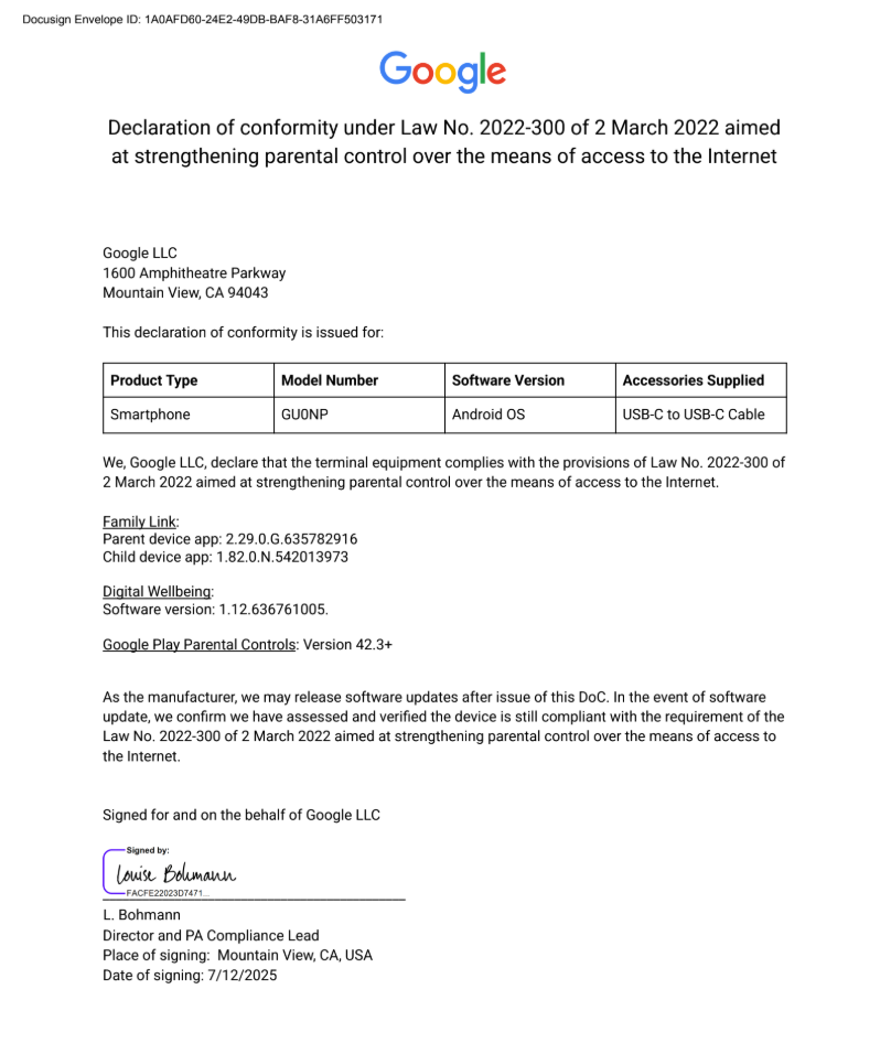Parental Control Declaration of Conformity