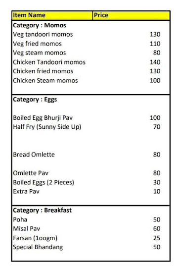 Vyankatesh Snacks Centre menu 