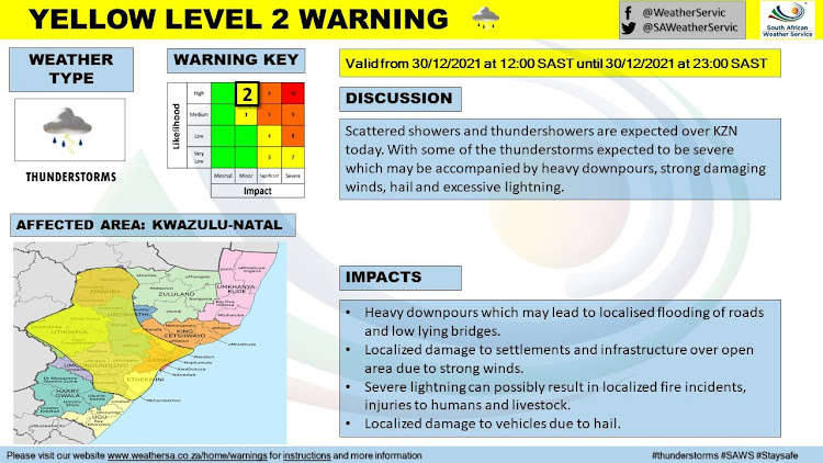 A yellow level two weather warning has been issued for six districts in KZN on Thursday.