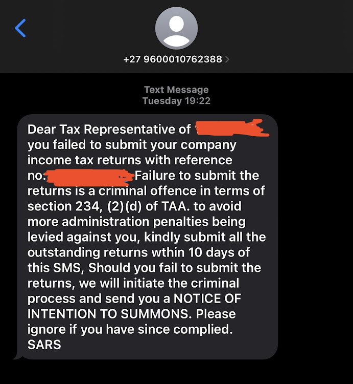 The Sars SMS sent to some taxpayers on October 24 2023.