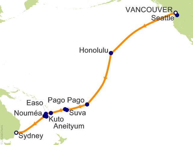 Ports of call for the September 22, 2015, South Pacific crossing aboard ms Volendam.