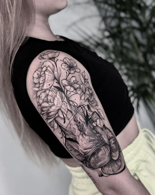 Black Floral Boxing Gloves Tattoo