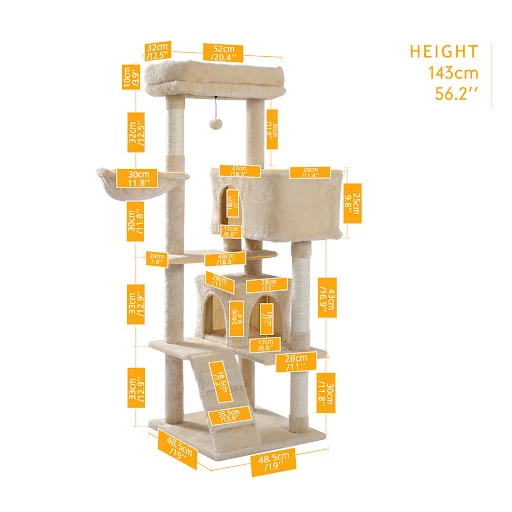 Extra-Large Perch Cat Tree 143cm High Tower for Big Cats with Cozy Hammock Shelves Pompom Toy Scratching Posts Dual Cond