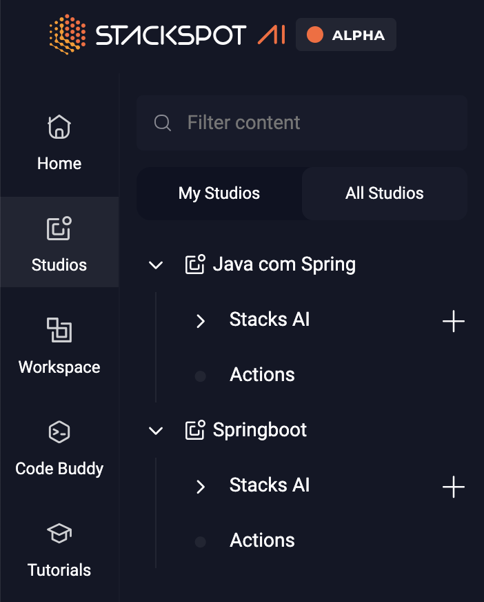 Print da tela que mostra a seção Studios com ênfase, nela estão a seção Java com Spring com Stack AI e Actions, e Springboot com as mesmas opções que a anterior.