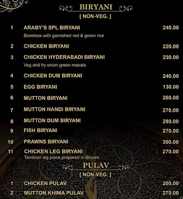 Araby's Restaurant menu 