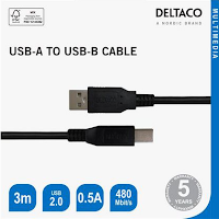 Kabel DELTACO USB 2.0 A/B 3m sort (Org.nr.00140006)