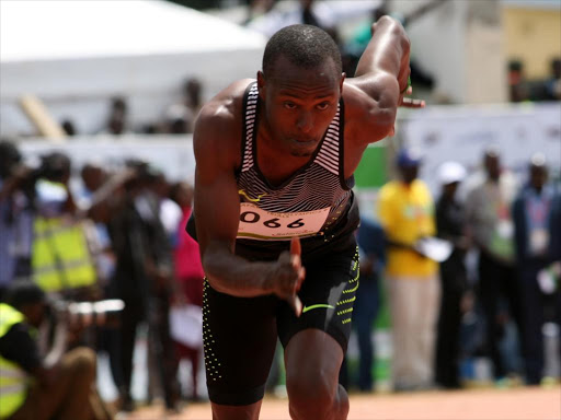 Boniface Mucheru competes in the Mens 400m Hurdles race during the Athletics Kenya National Trials for RIO 2016 Olympic Games at the Kipchoge Keino Stadium, July 1, 2016. /enos teche