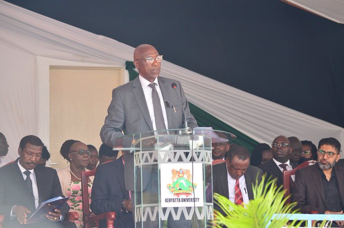 Kenyatta University Vice Chancellor Prof Paul Wainaina speaking at Kenyatta University during the memorial service for 11 students who died in a road accident. The serviced happened on March 24, 2024.