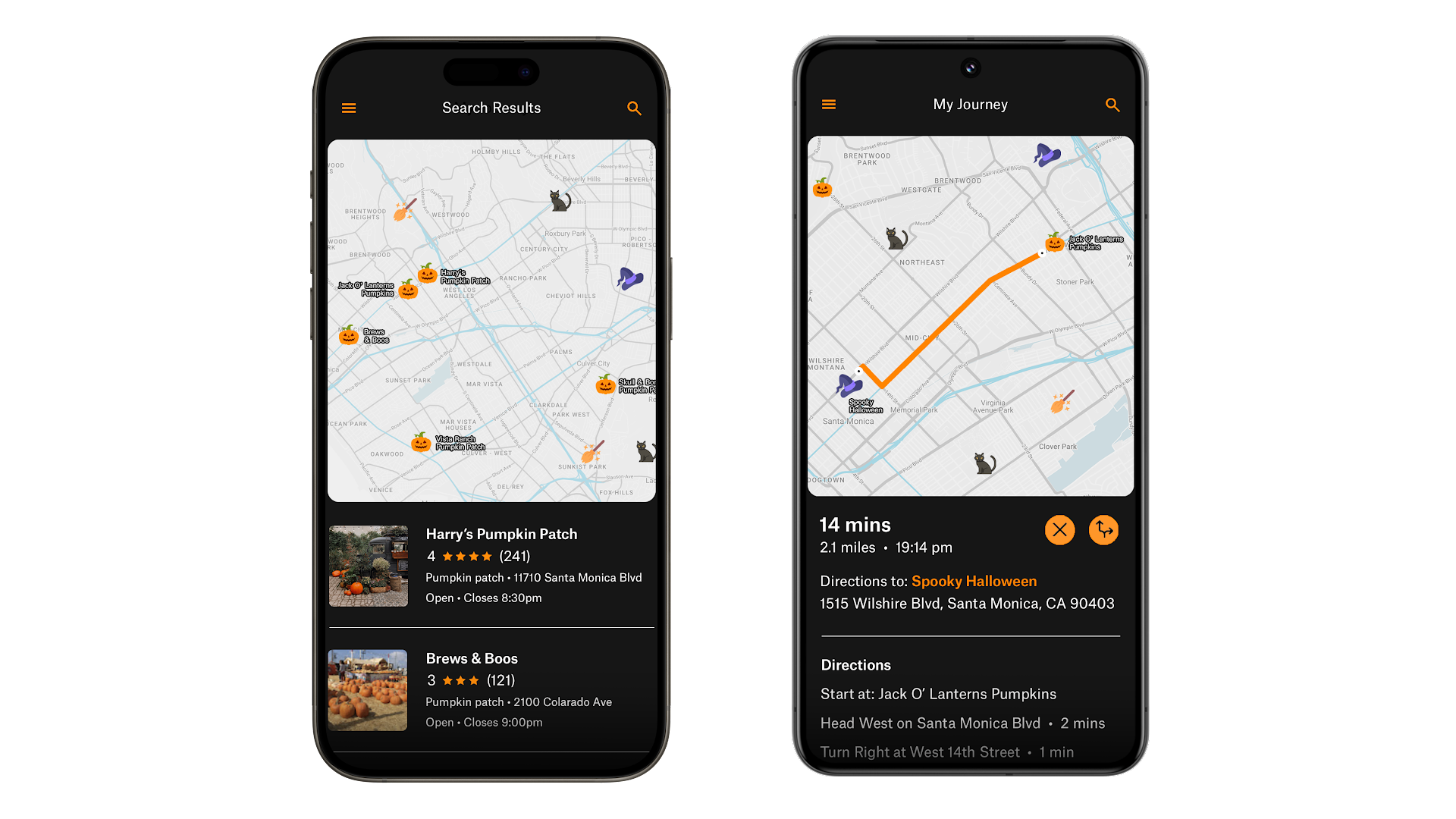 Halloween themed markers to highlight and navigate between Points of Interest on mobile