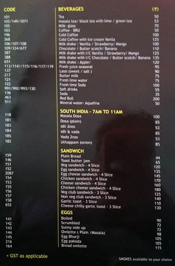 The Club, Nayandahalli menu 