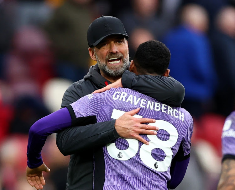 Liverpool manager Juergen Klopp celebrates with Ryan Gravenberch at Brentford Community Stadium in London, Britain, February 17 2024. Picture: ANDREW BOYERS/ACTION IMAGES