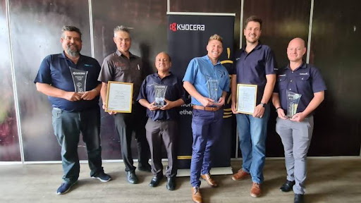 From left: In first place, Jacques Lombard from Ronmar Office Equipment; Martin Smith representing Office-Cor; in third place, Alan Benefeld from Page Automation; Michail Eksteen representing Universal Office Automative Solutions; Christiaan Smit representing Corporate Business Solutions; in second place, Steven Bosch from Lesedi ICT.