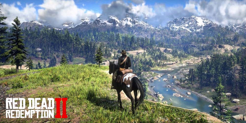 Arthur Morgan riding a horse in the middle of a valley