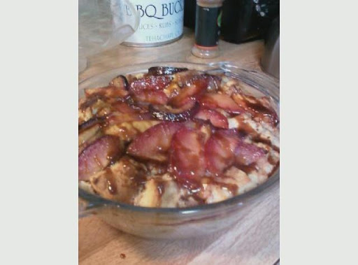 Yummy glazed fruit on top of delicious lemon bread pudding!