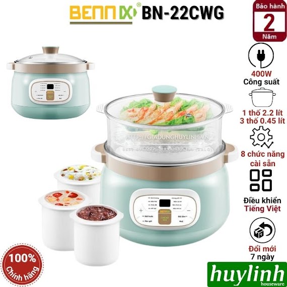 Nồi Nấu Chậm - Chưng Yến Cách Thuỷ Bennix Bn - 22Cwg - Thố Lớn 2.2 Lít - 3 Thố Nhỏ 0.45 Lít - Hàng Chính Hãng