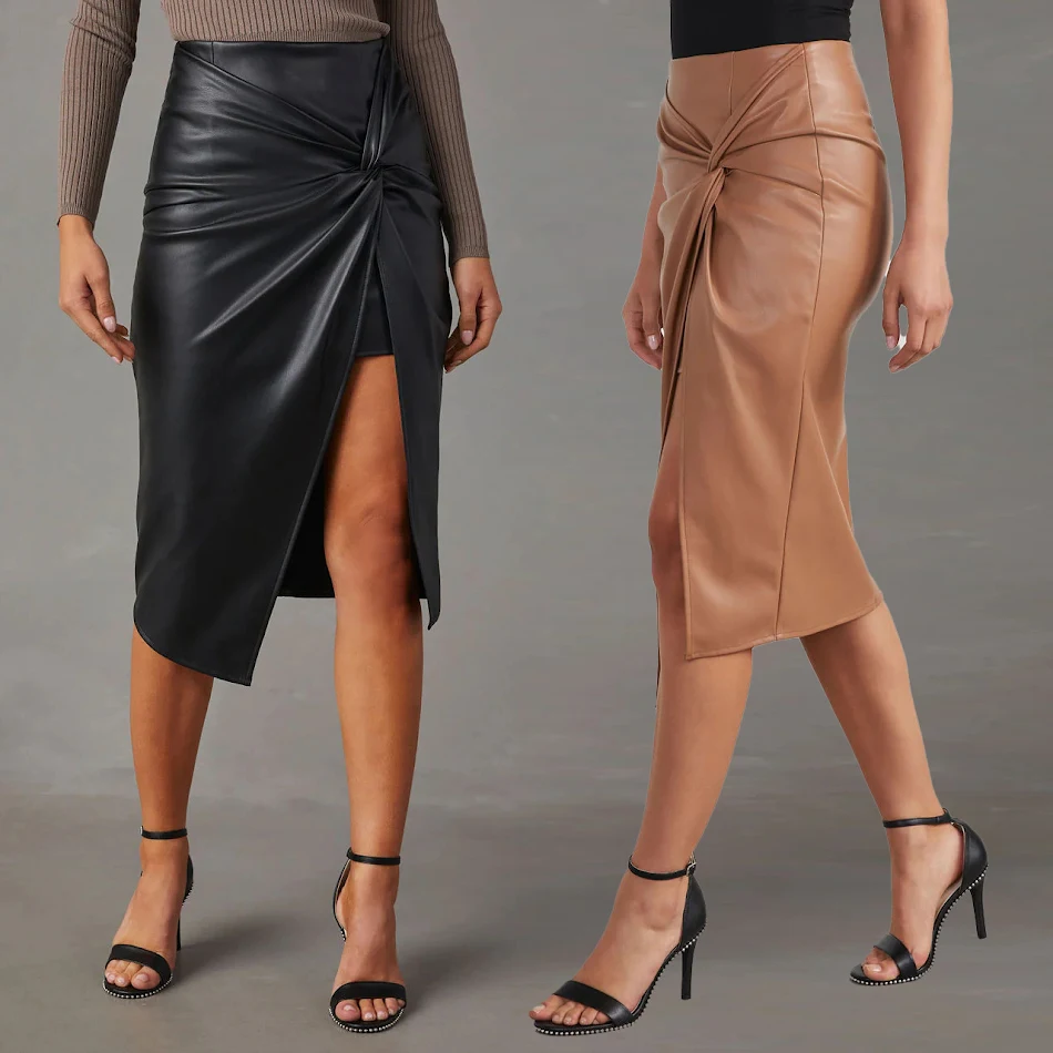 Gonna in pelle da donna, spacco centrale, lunghezza media, stile 