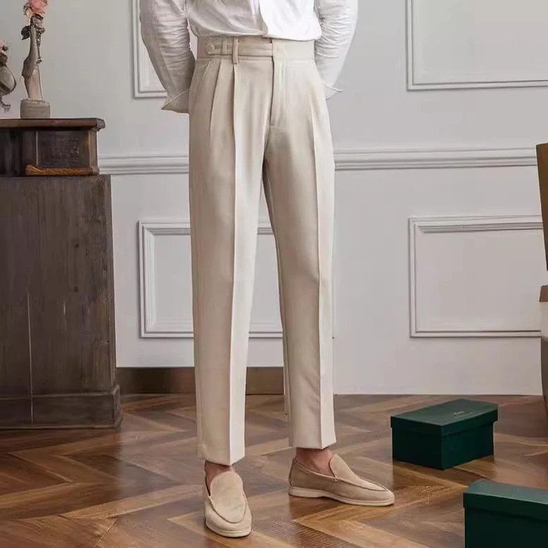 Heren casual pantalon met Paris gesp, rechte pijp, zakelijk, strijkvrij, veelzijdig, ideaal voor een nette en comfortabele uitstraling.