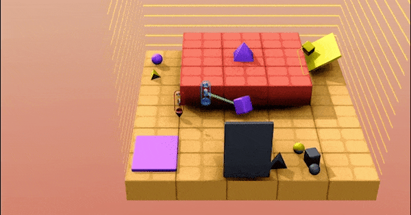 3D Animation showing the agents playing in the XLand. The blue agent is moving around the space and evading the red agent to reach the goal purple pyramid.