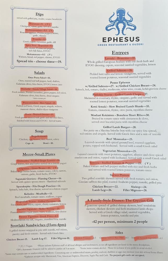 Highlighted items are either gluten-free or made to be. Provided by chef and manager