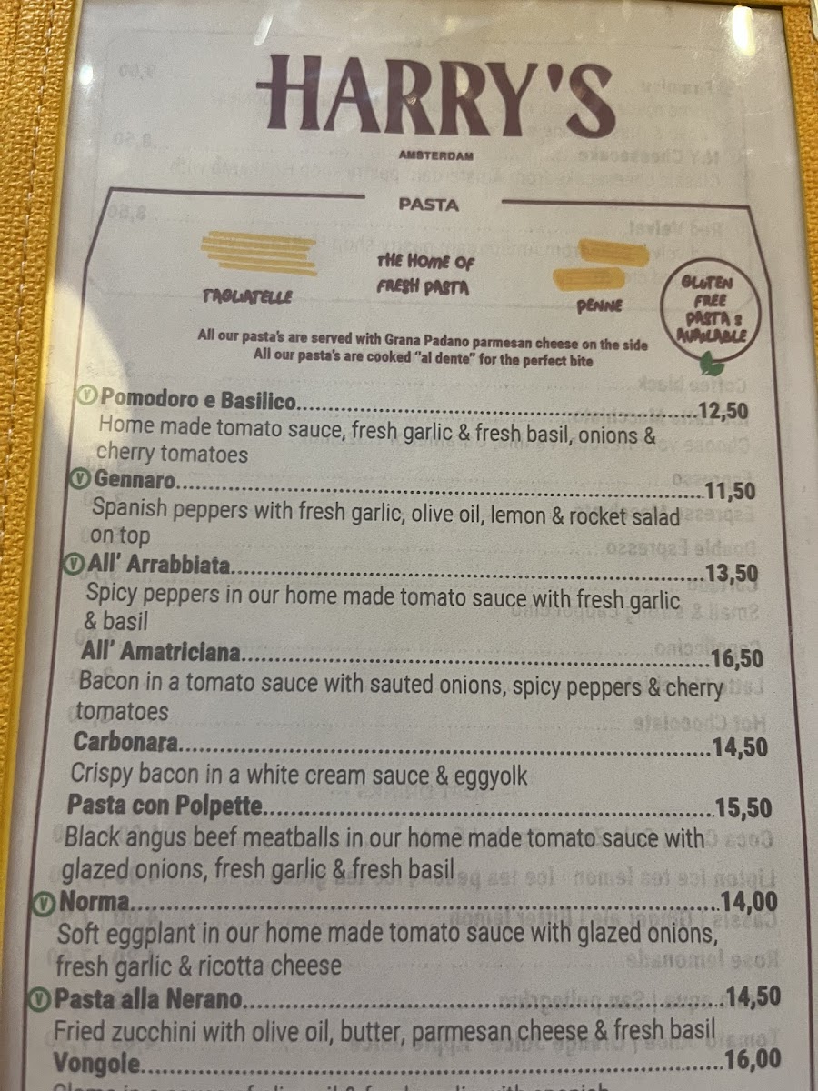 Harry's Pasta Bar gluten-free menu