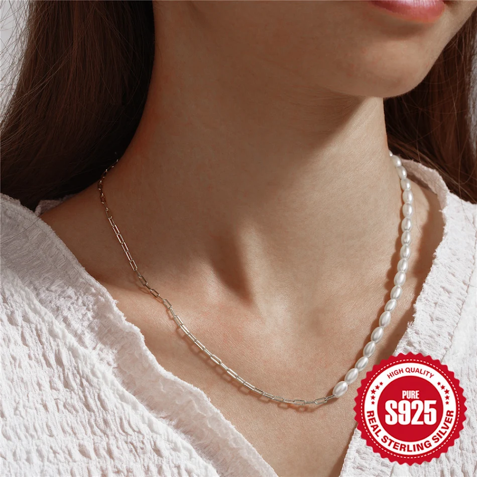 Elegante Collar de Plata de Ley 925 con Puntada de Cadena y Perlas Un accesorio perfecto para realzar cualquier look, sofisticado y atemporal.