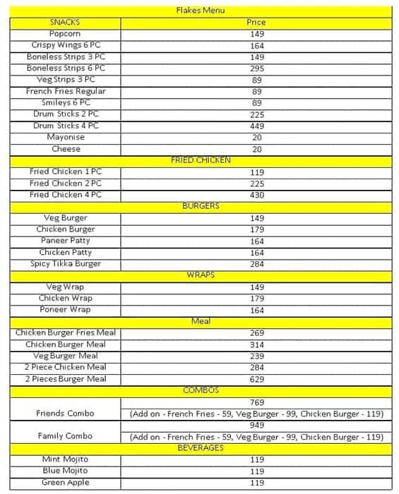 Flakes Fried Chicken menu 