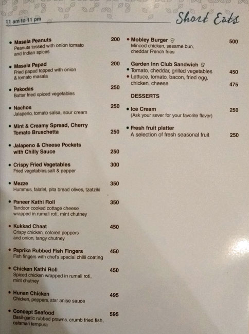 Menu Of Garden Grille Bar Hilton Garden Inn Gomti Nagar