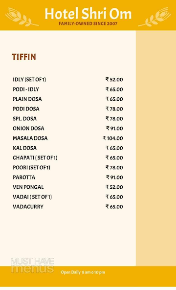 Hotel Shri Om menu 