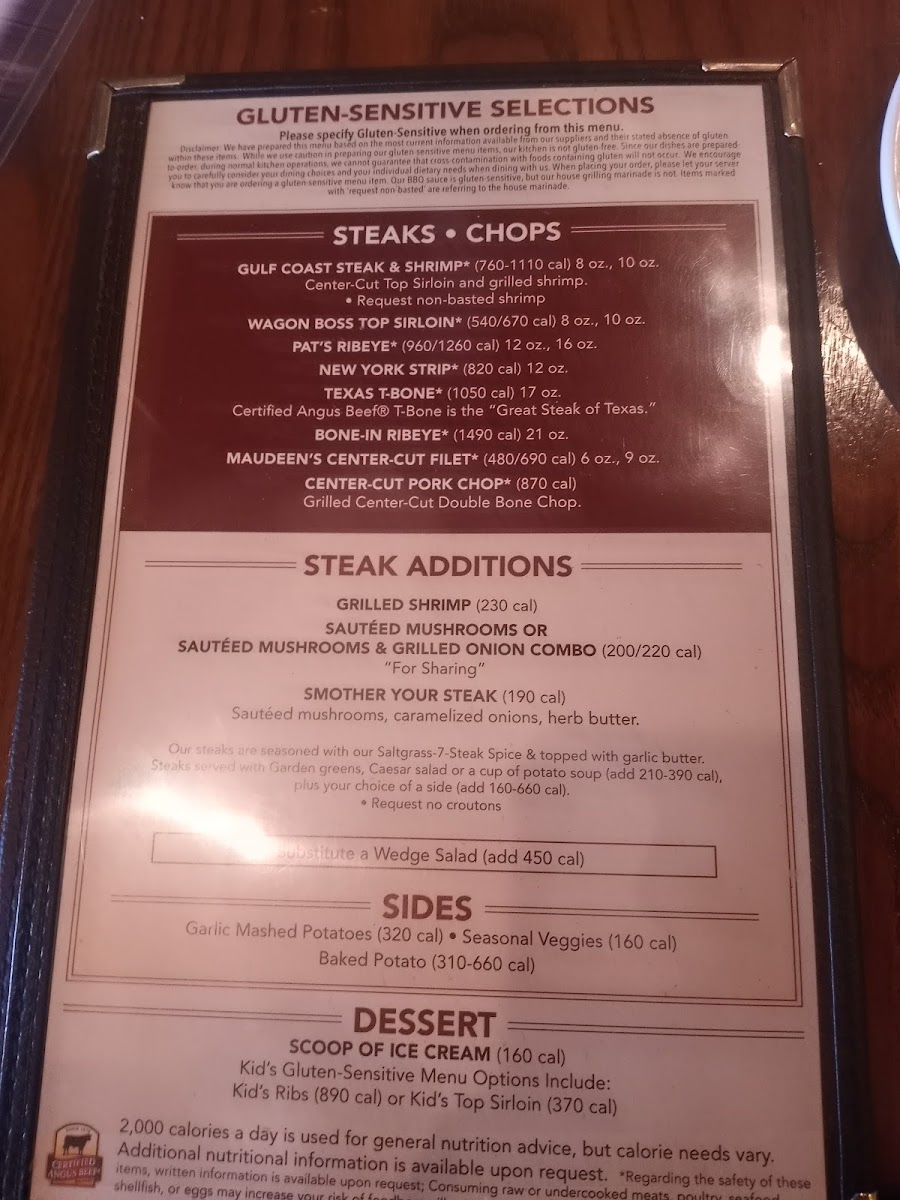 Saltgrass Steak House gluten-free menu