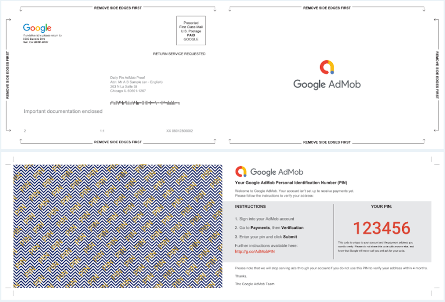 Front and back visual example of the 6-digit AdMob PIN mailer