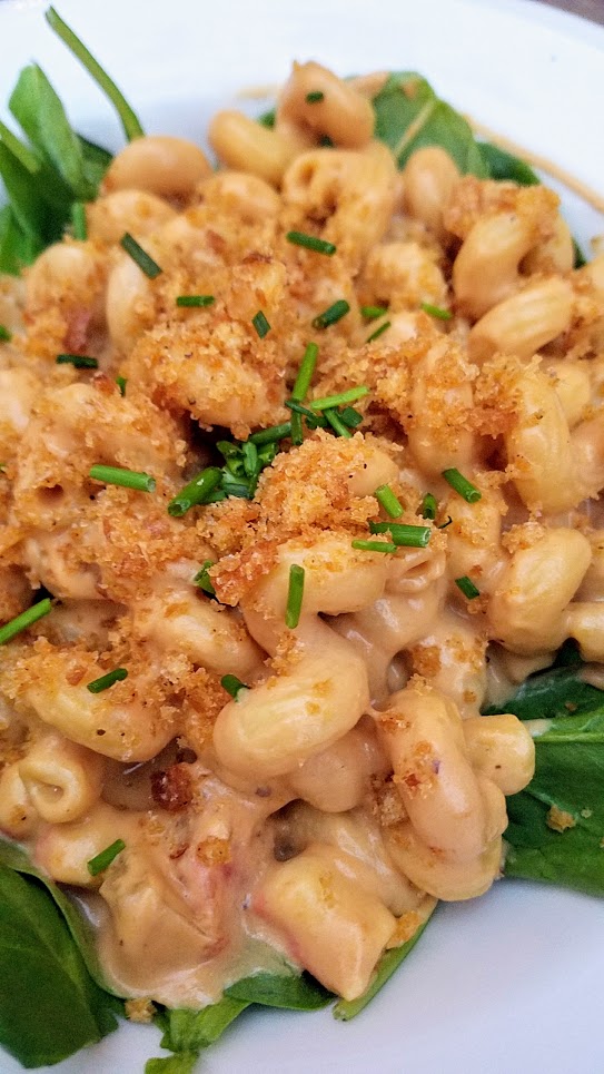 This Of Roots and Blooms vegan food example is their Lobster Mac and Cheese with sharp cheese sauce with seaweed 