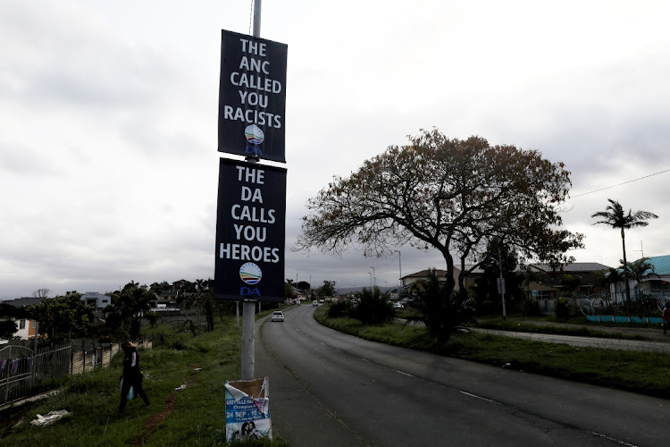 A DA poster in Phoenix, Durban ahead of local government elections. The community there came under fire in July after 36 people were killed in the unrest in the area.