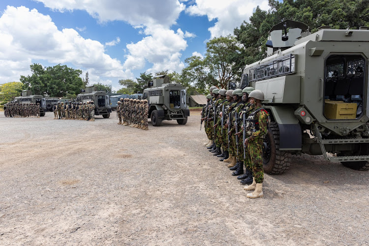 Security officer parade during the launch of the new modern security equipment at GSU Headquarters, Ruaraka on March 20, 2024