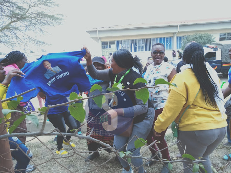 Babu Owino supporters celebrating at the East African School of Aviation the tallying centre for Embakasi August 11, 2022. Photo. Fredrick Omondi