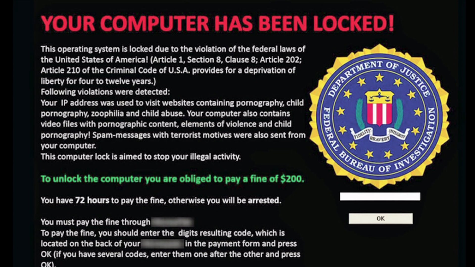 Example of ransomware message