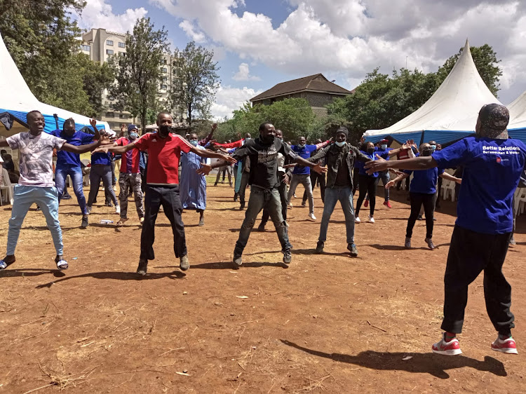 Men are taken through fitness challenged covering sport workouts and aerobic exercises during the marking of International Men’s Day at St John’s Community Centre in Nairobi on November 21, 2021