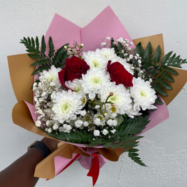 Just for You - A bouquet of soft, red roses and white chrysanthemums