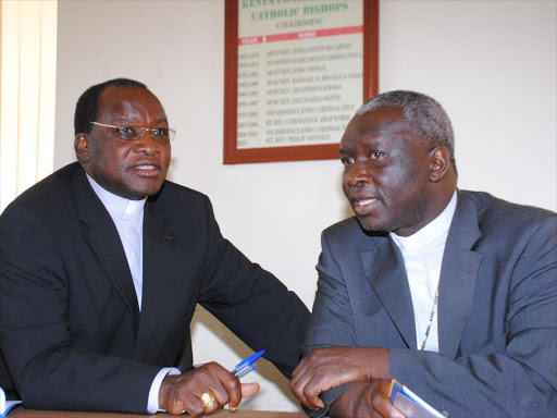 Archbishop Martin Kivuva of Mombasa with KCCB chairman Archbishop Philip Anyolo