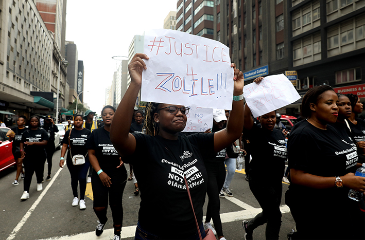 MUT students marched in March 2020 to the Durban high court before judgment in the trial of Thabani Mzolo, who murdered Zolile Khumalo in May 2018. Another MUT has been killed, allegedly by a male student. File photo.